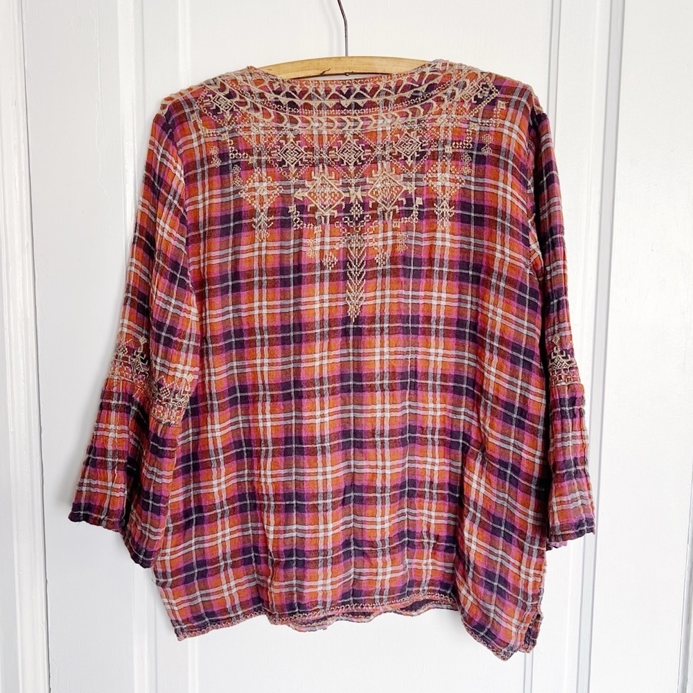 Johnny Was Red Plaid Embroidered Peasant Blouse - Picture 11 of 13